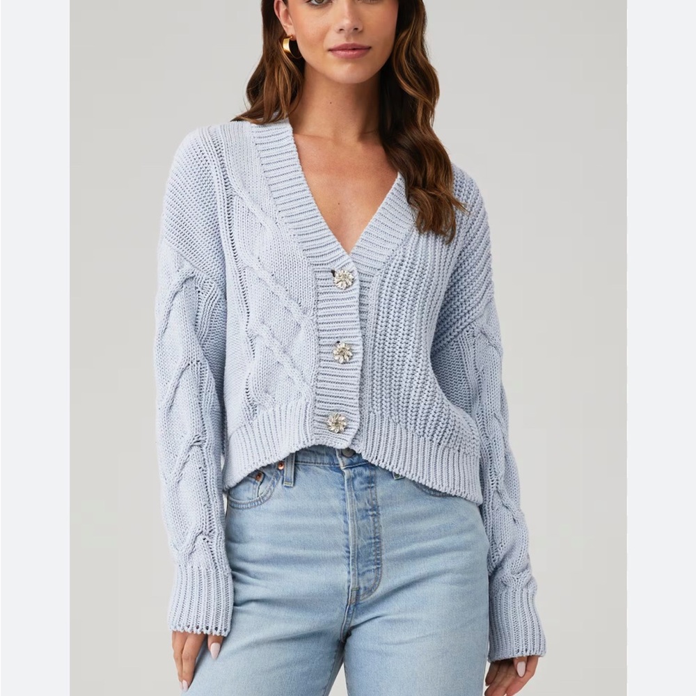PISTOLA Lori Knit Button Front Cardigan Ash Blue Cable Knit Sweater Medium